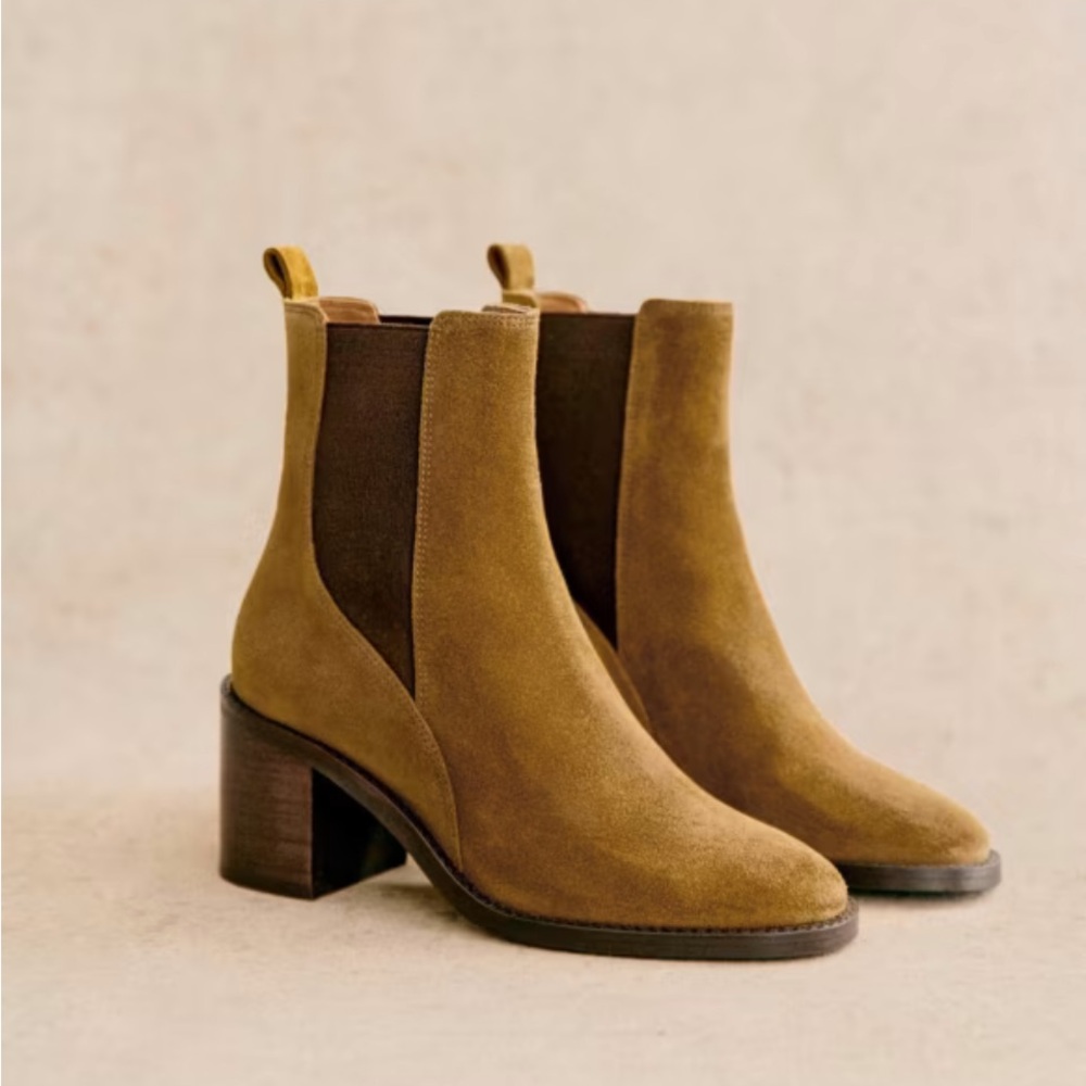 Sezane Pippa Ankle Boots Camel Caramel Suede Chelsea Booties with Block Heel 40